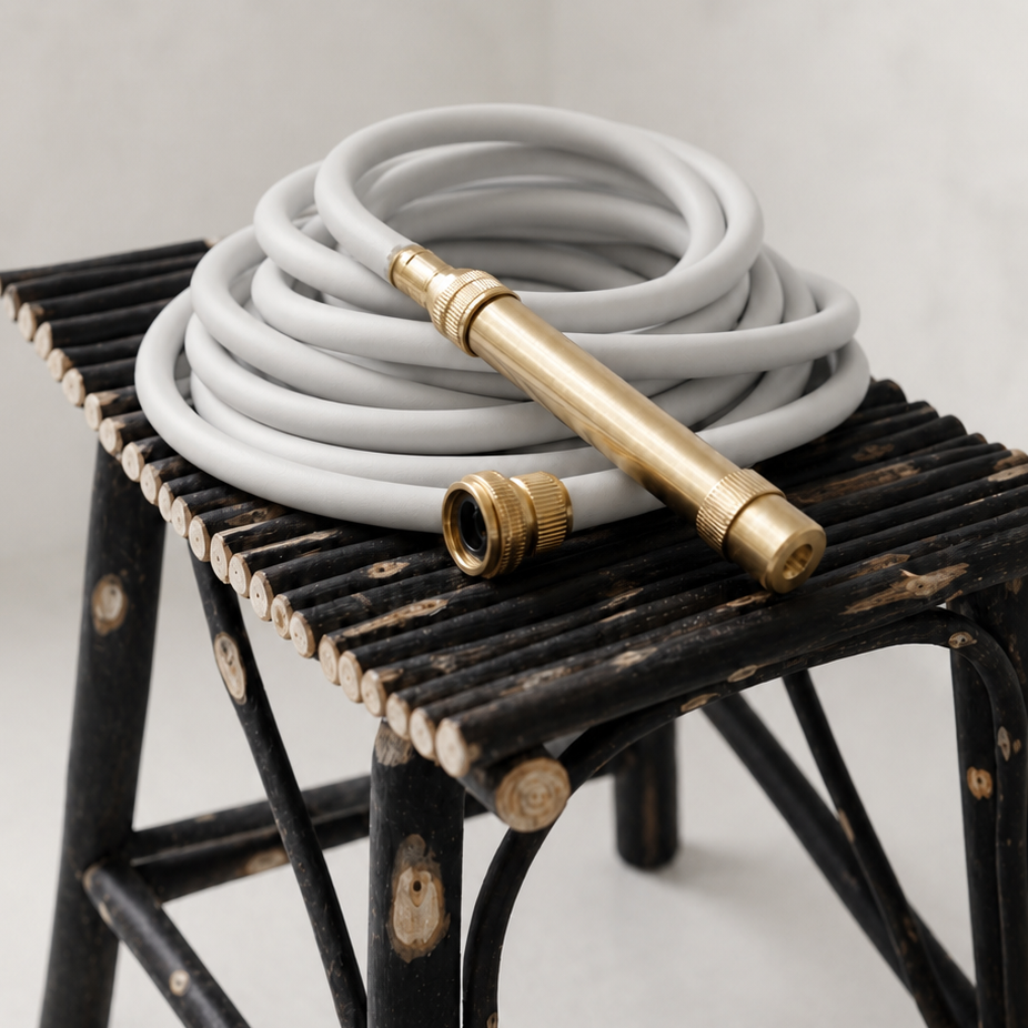 Soft grey hybrid garden hose with brass nozzle and fittings on black timber stool