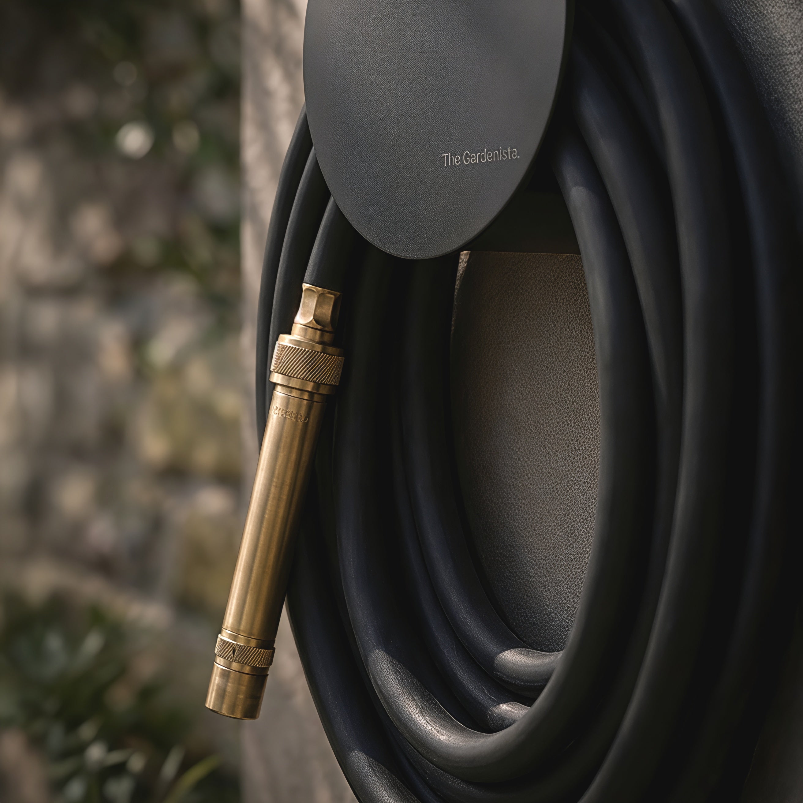 Close-up of matte black hybrid garden hose on a black hose holder with solid brass torch nozzle.