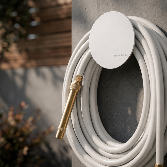 Close-up of soft grey hybrid garden hose coiled on a white hose holder with solid brass torch nozzle.