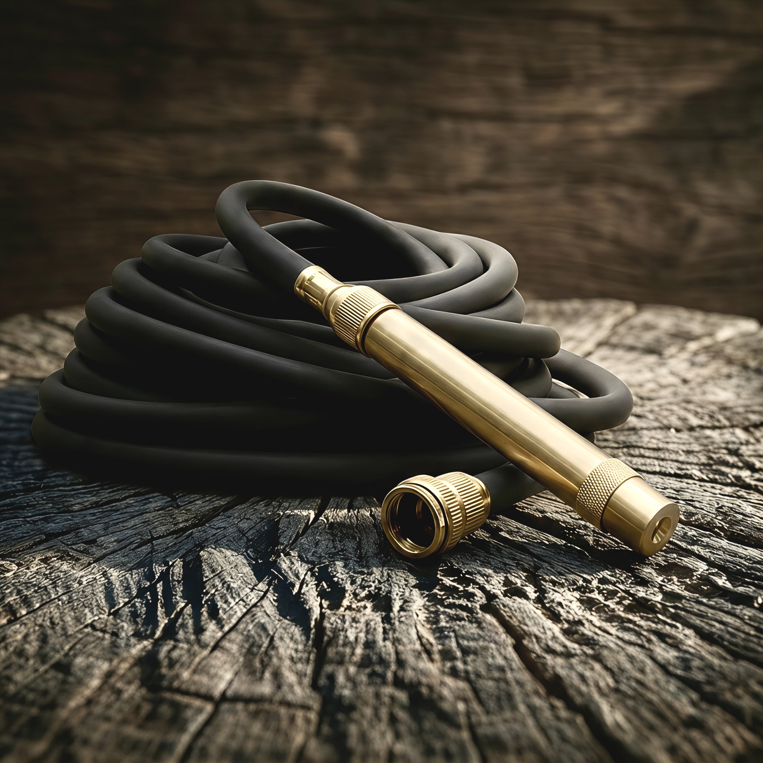 Matte black hybrid garden hose loosely coiled with solid brass fittings and brass torch nozzle.