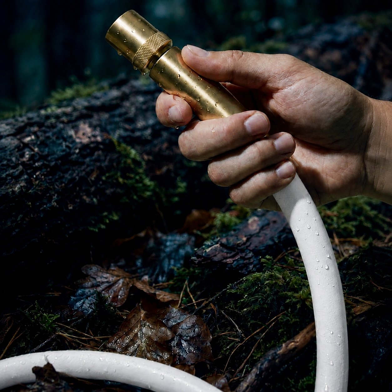 Solid brass hose nozzle attached to a soft grey hybrid garden hose by hand.