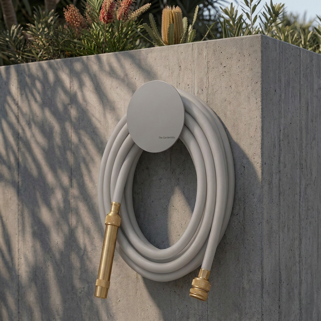 Soft grey hybrid garden hose on a grey hose holder mounted to a concrete garden wall with architectural planting.