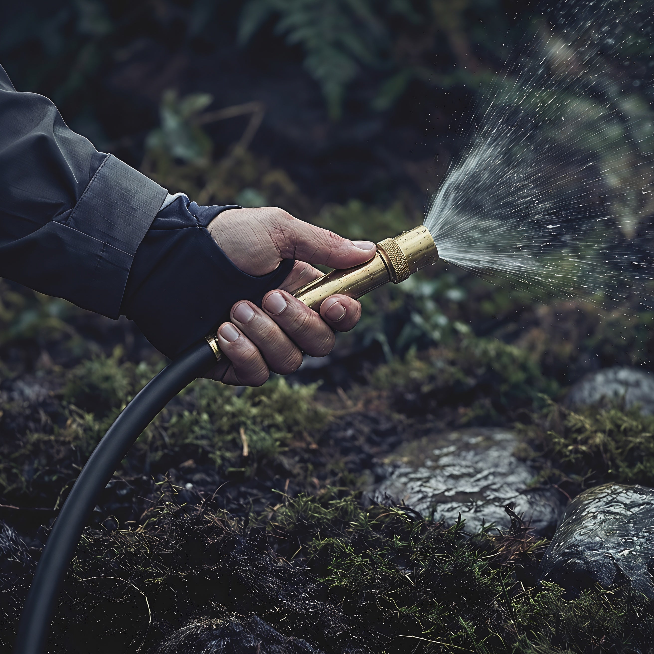 Matte black hybrid garden hose in use with solid brass nozzle spraying water in a garden.