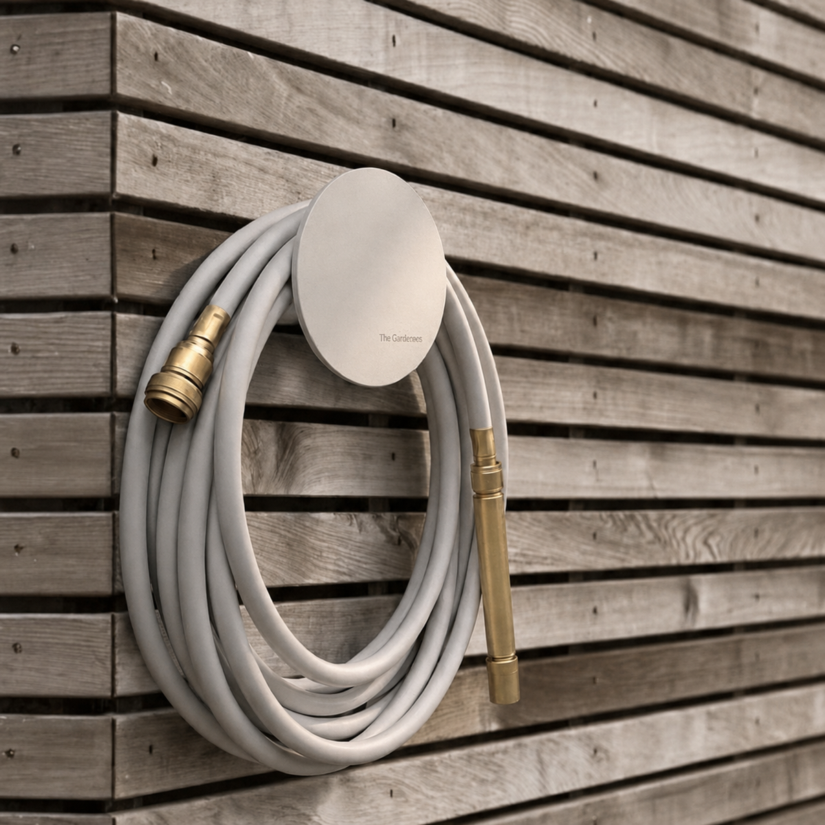 Small white hose holder with pale grey garden hose mounted on a timber wall.