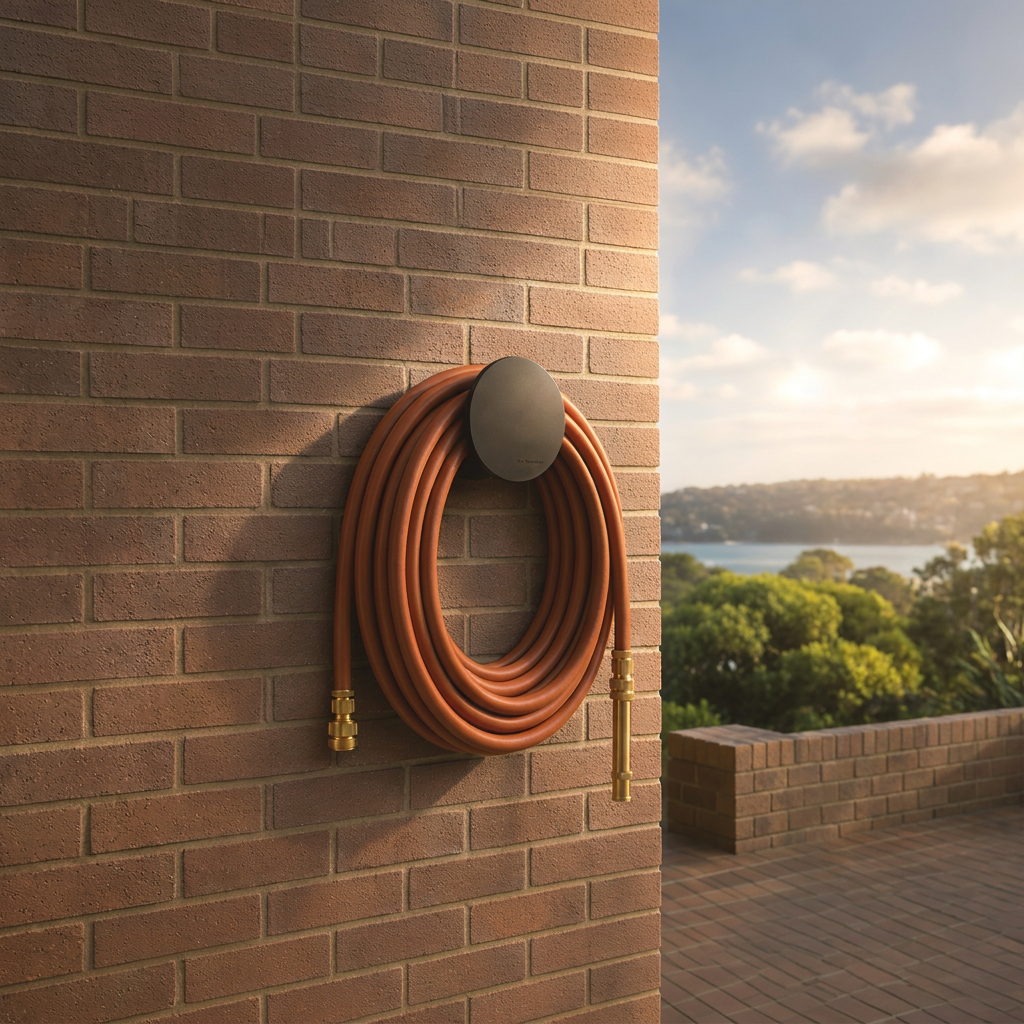 Rust hybrid garden hose and black hose holder styled on a warm brick wall in a contemporary outdoor setting.