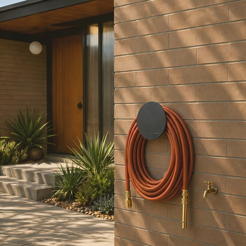 Rust hybrid garden hose and black hose holder on a contemporary brick garden wall surrounded by landscaping.