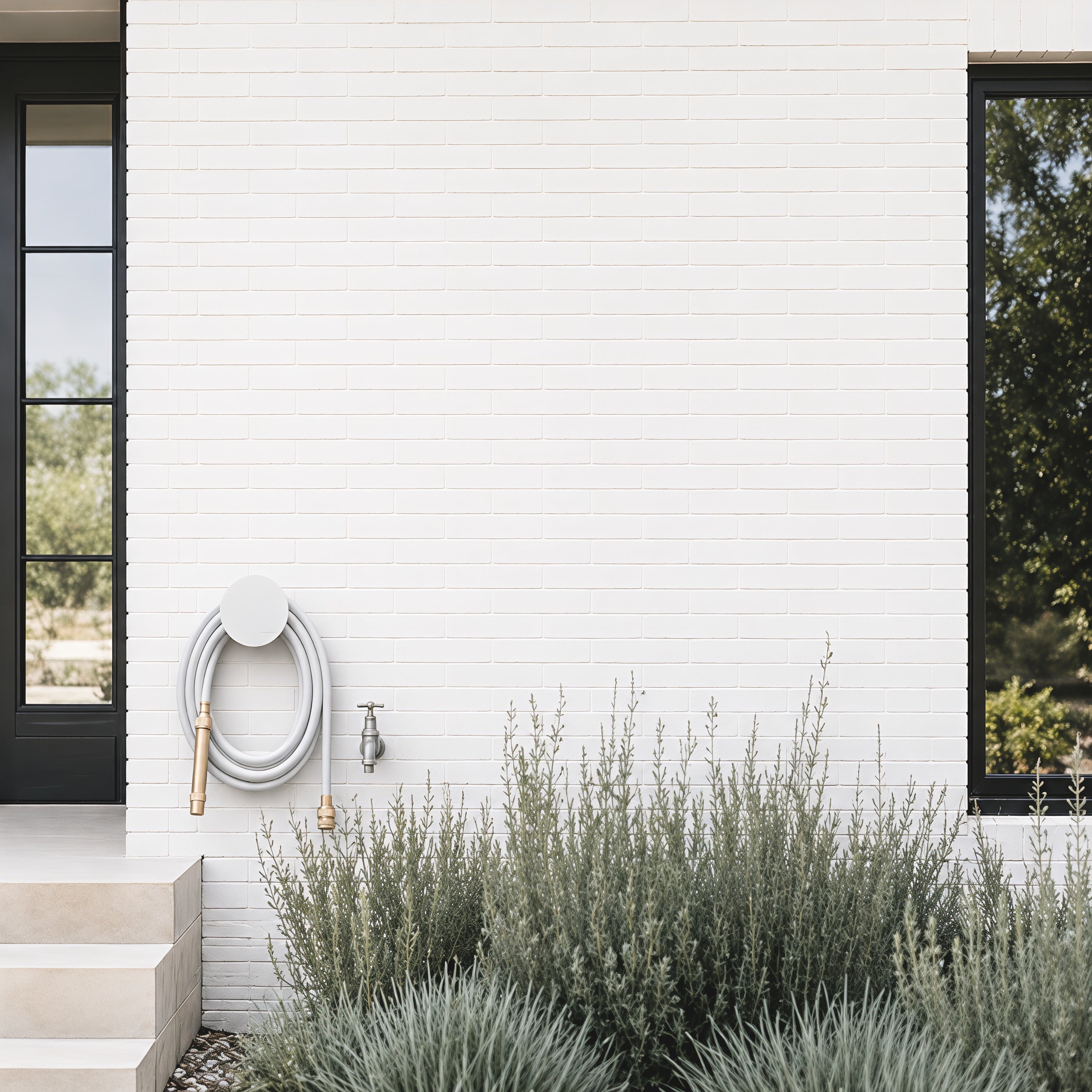Soft grey hybrid garden hose on a white hose holder against a modern white brick garden wall.