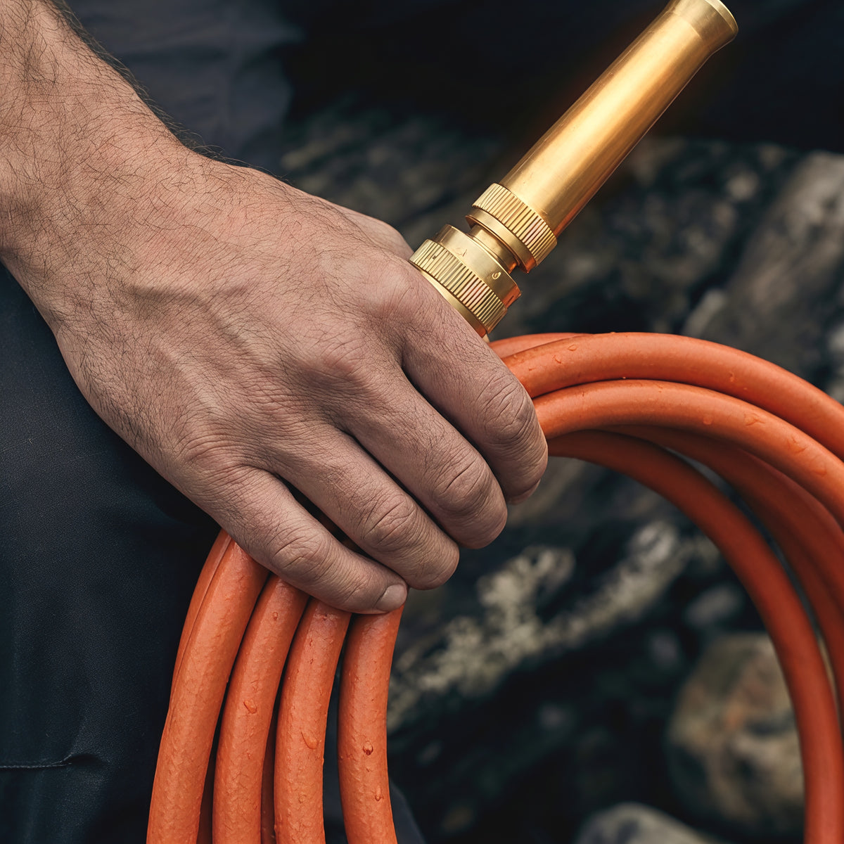 Solid brass nozzle being attached to a rust hybrid garden hose by hand.