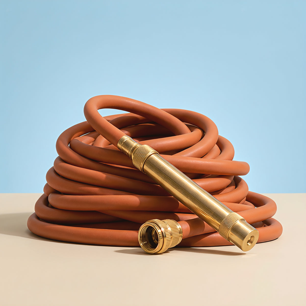 Rust hybrid garden hose loosely coiled with solid brass fittings and brass torch nozzle.