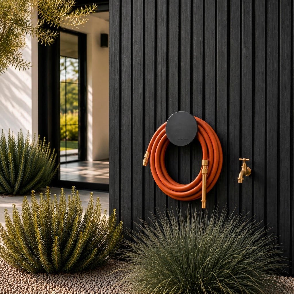 Limited Edition Rust Hybrid Garden Hose with solid brass fittings mounted on a black architectural wall