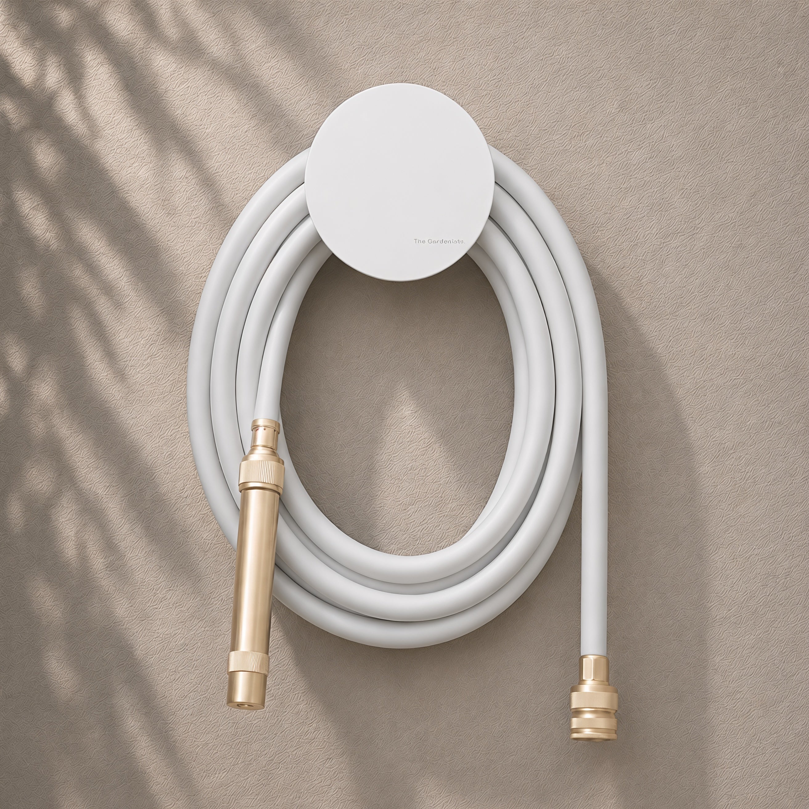 Soft grey 10m hybrid garden hose on a white wall-mounted hose holder with solid brass fittings.