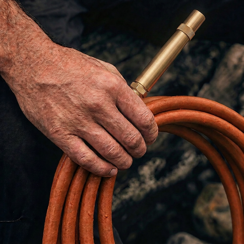 Rust hybrid garden hose held by hand outdoors with solid brass torch nozzle.