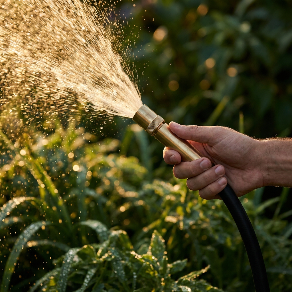 Hand watering a lush green garden with a black hybrid hose and solid brass nozzle.