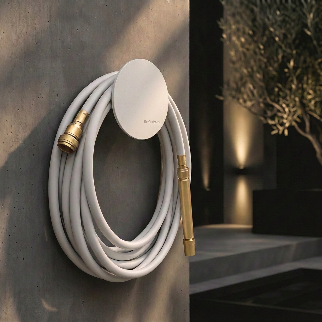 Small white hose holder with pale grey garden hose in a modern outdoor setting.