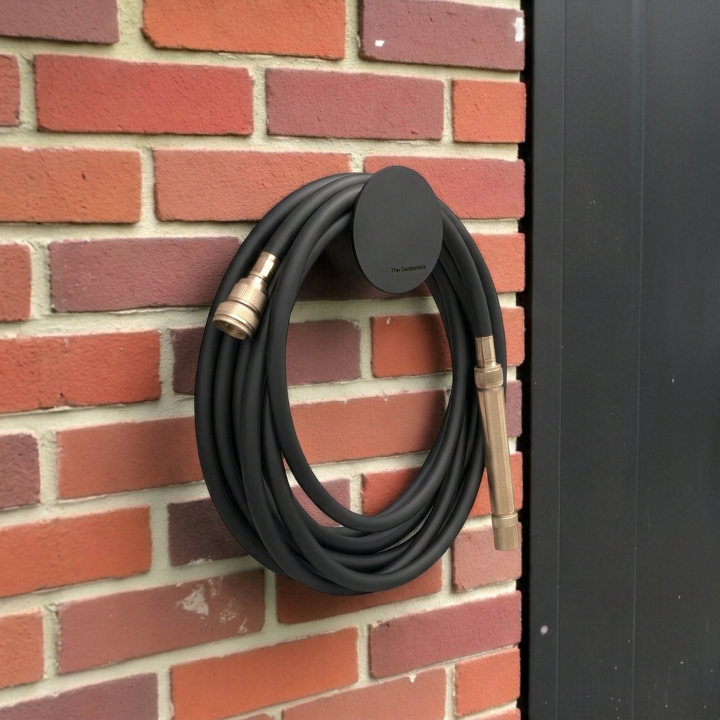 Matte Black hybrid garden hose with solid brass fittings and nozzle, displayed on a black circular wall-mounted hose holder against a red brick wall.