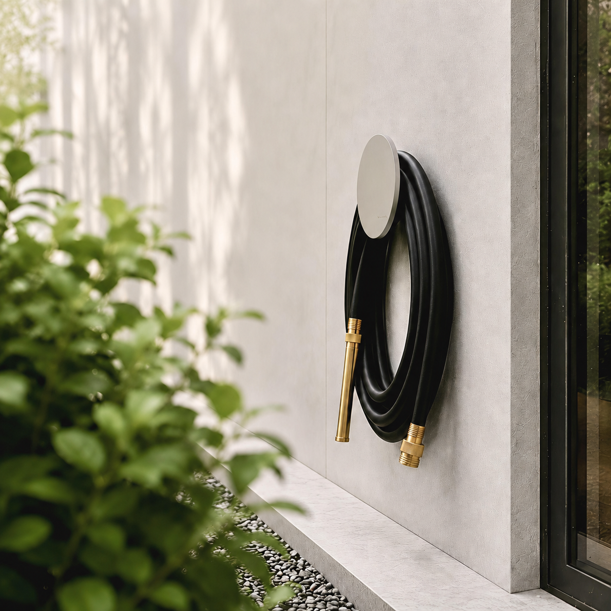 Matte black hybrid garden hose on a white wall-mounted hose holder beside a modern garden and window.