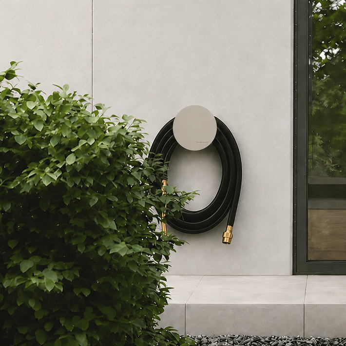 Matte black hybrid garden hose and white hose holder styled against a minimalist garden wall with green foliage.