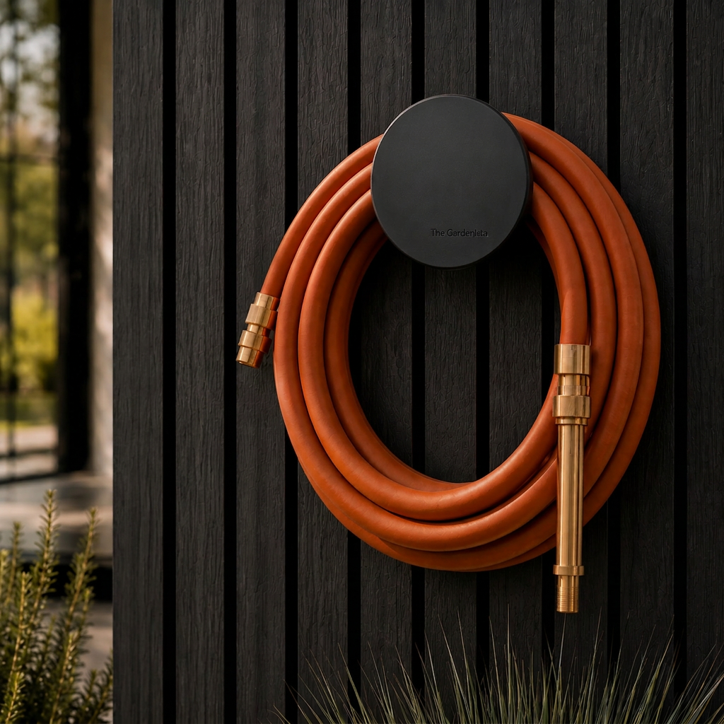 Limited Edition Rust Hybrid Garden Hose with solid brass fittings mounted on a black architectural wall