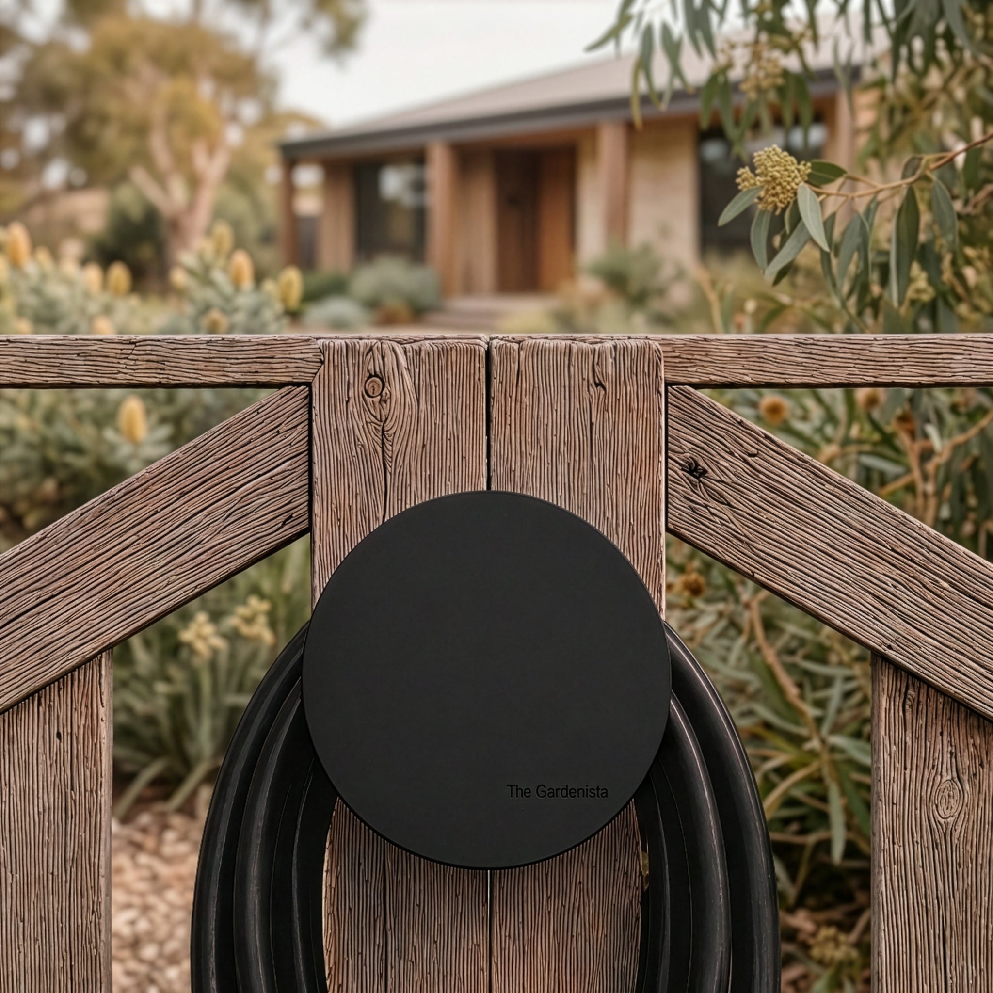 Large black hose holder mounted on a timber garden gate with native planting and a modern Australian home behind.