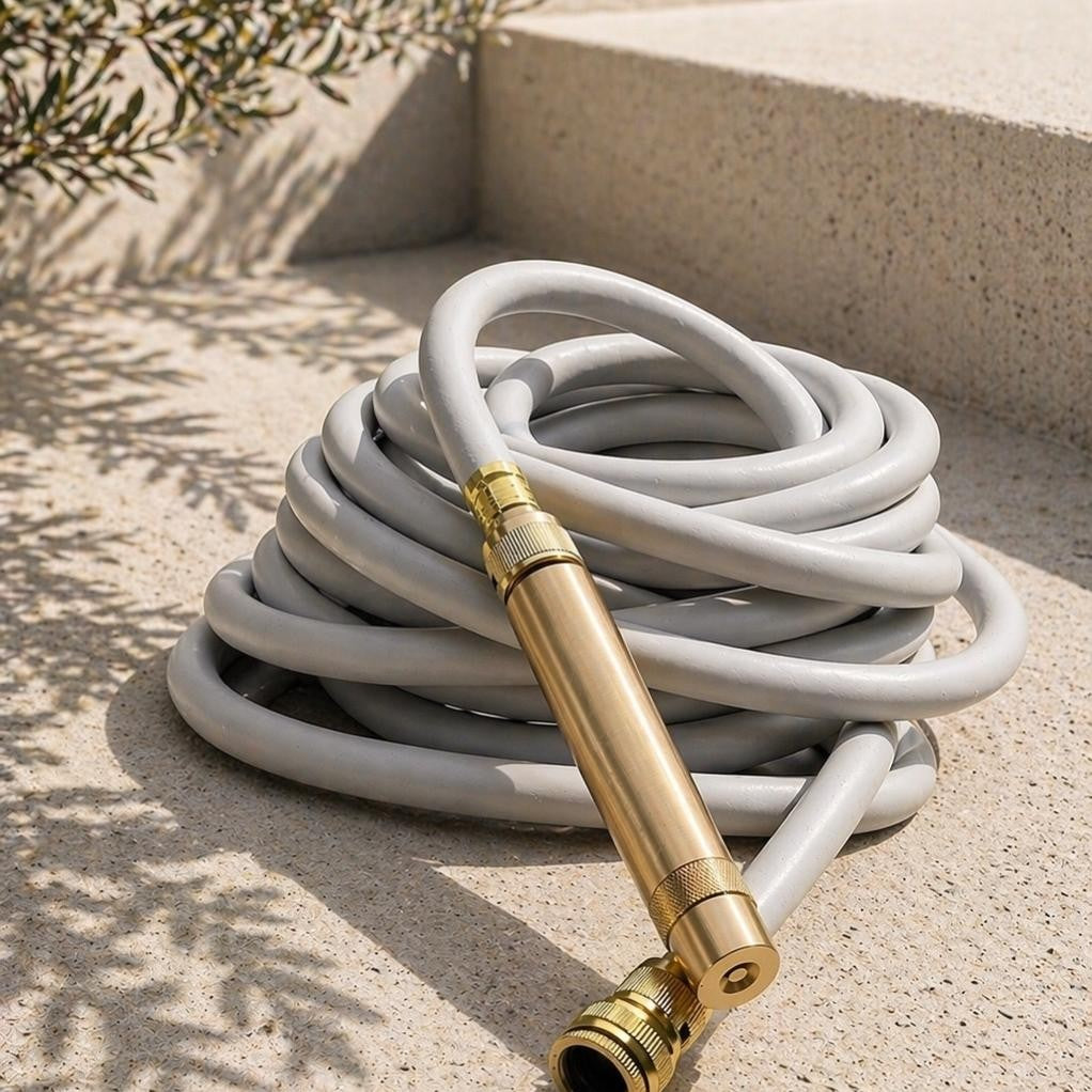 Soft Grey garden hose with solid brass fittings and torch nozzle arranged on a pale stone surface.