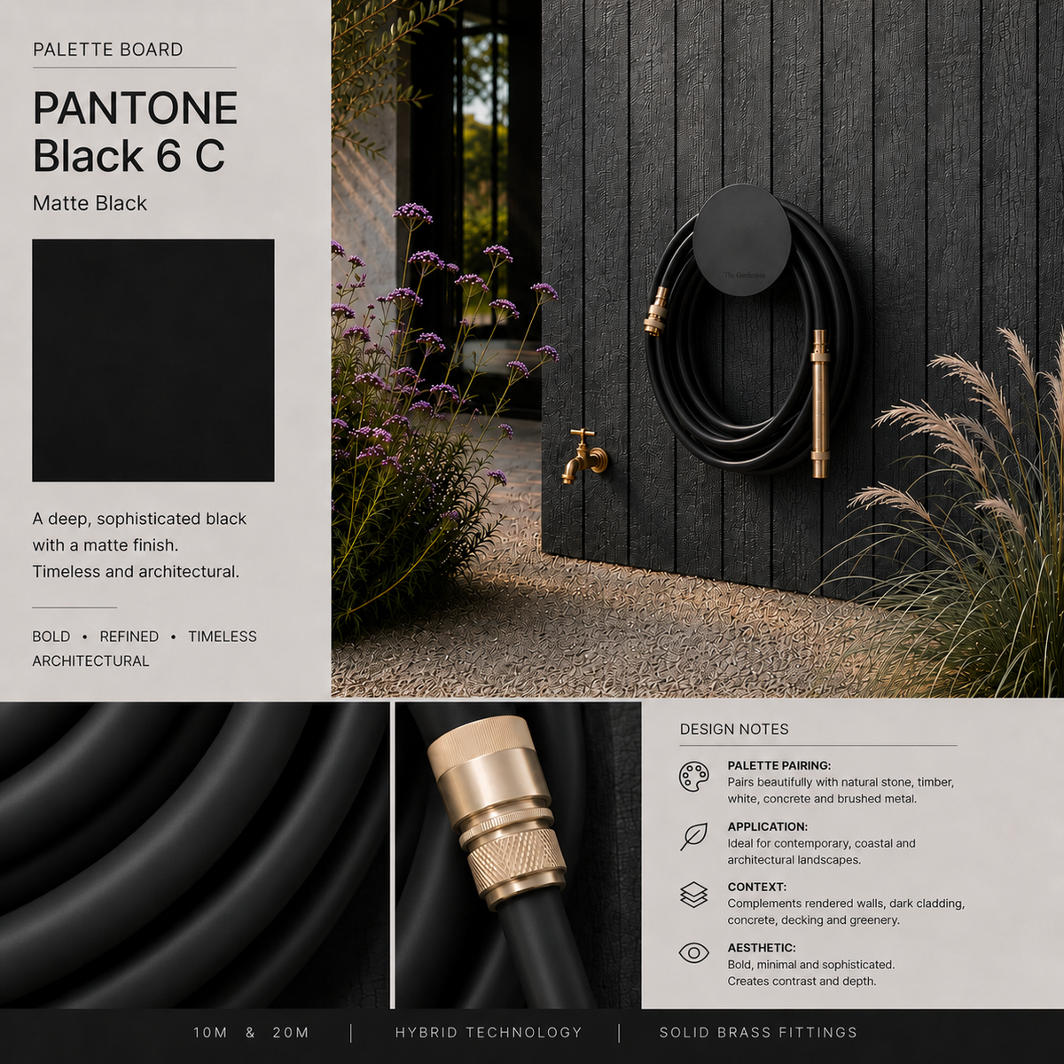 Pantone Black 6 C palette board featuring a matte black hybrid garden hose, black wall-mounted hose holder and solid brass fittings in an architectural garden setting.