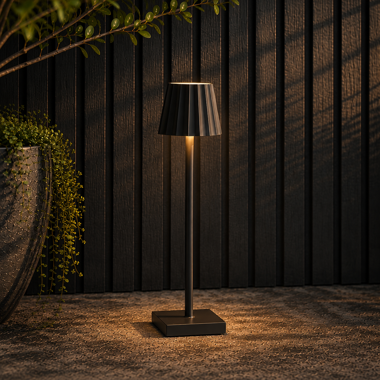 Minimal black rechargeable table lamp with pleated shade glowing warmly beside cascading greenery against a dark architectural wall at night.