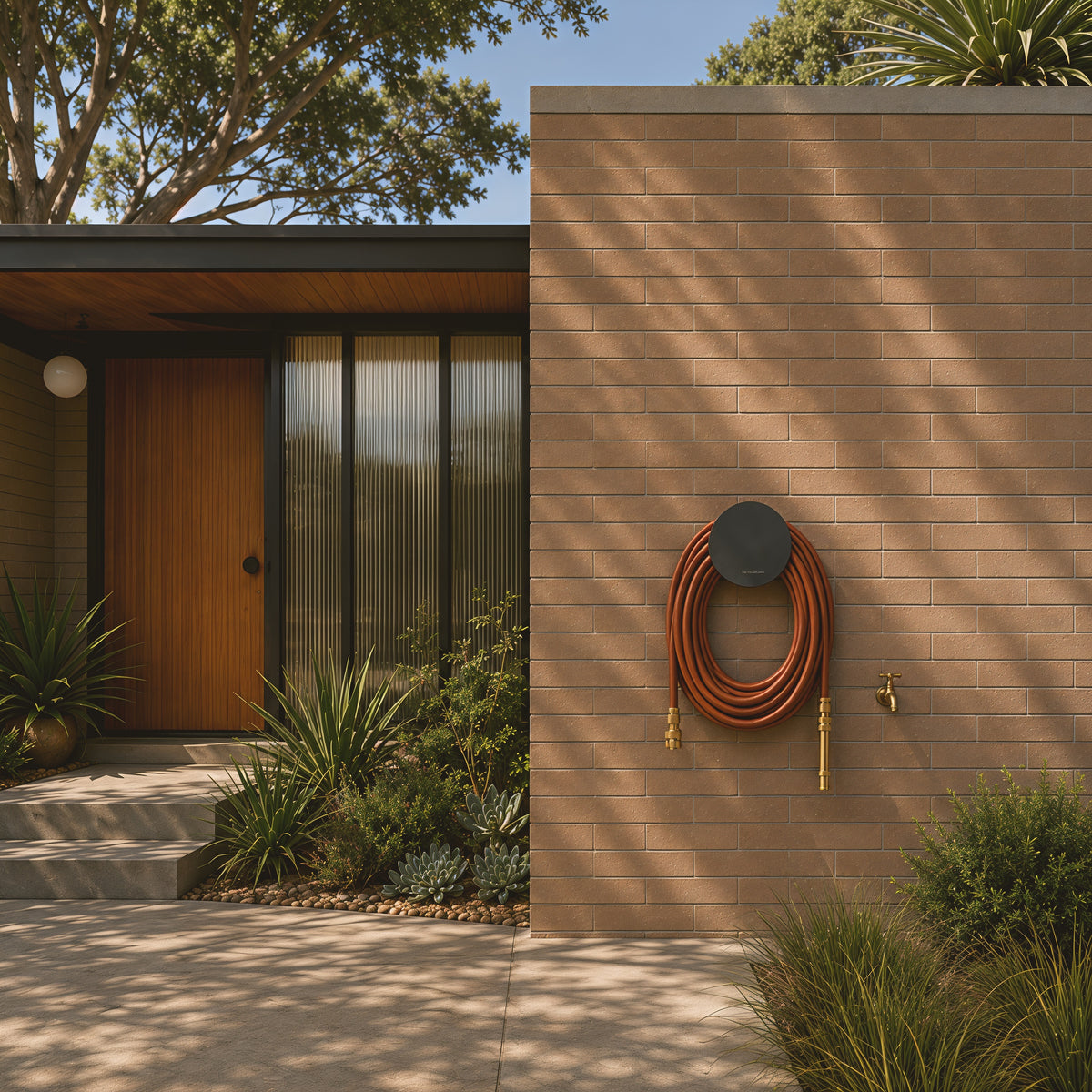 Rust hybrid garden hose on a black wall-mounted hose holder in a contemporary Australian garden setting.
