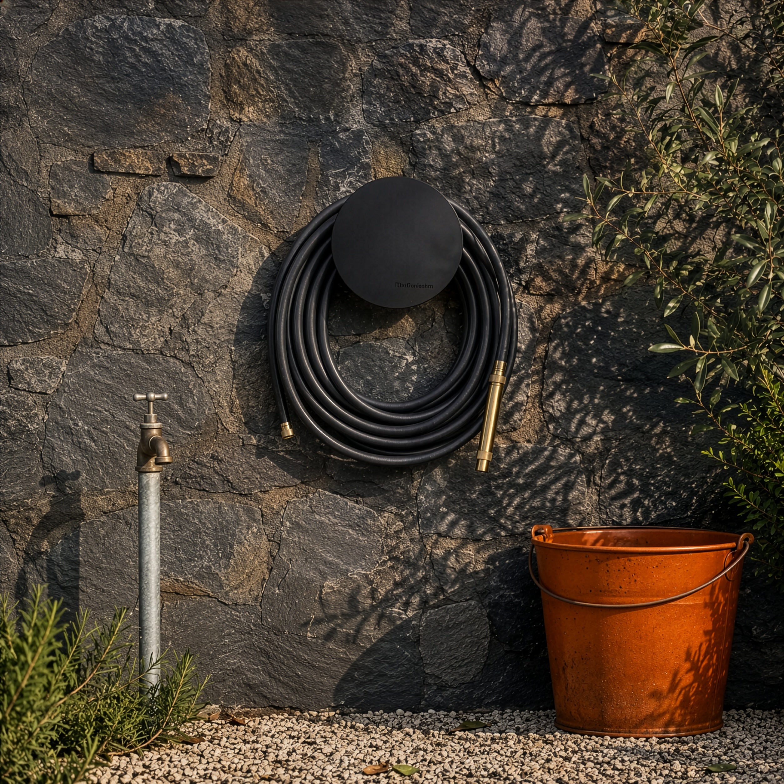 Large black wall-mounted hose holder and coiled black garden hose on a natural slate wall beside a brass tap and orange bucket.
