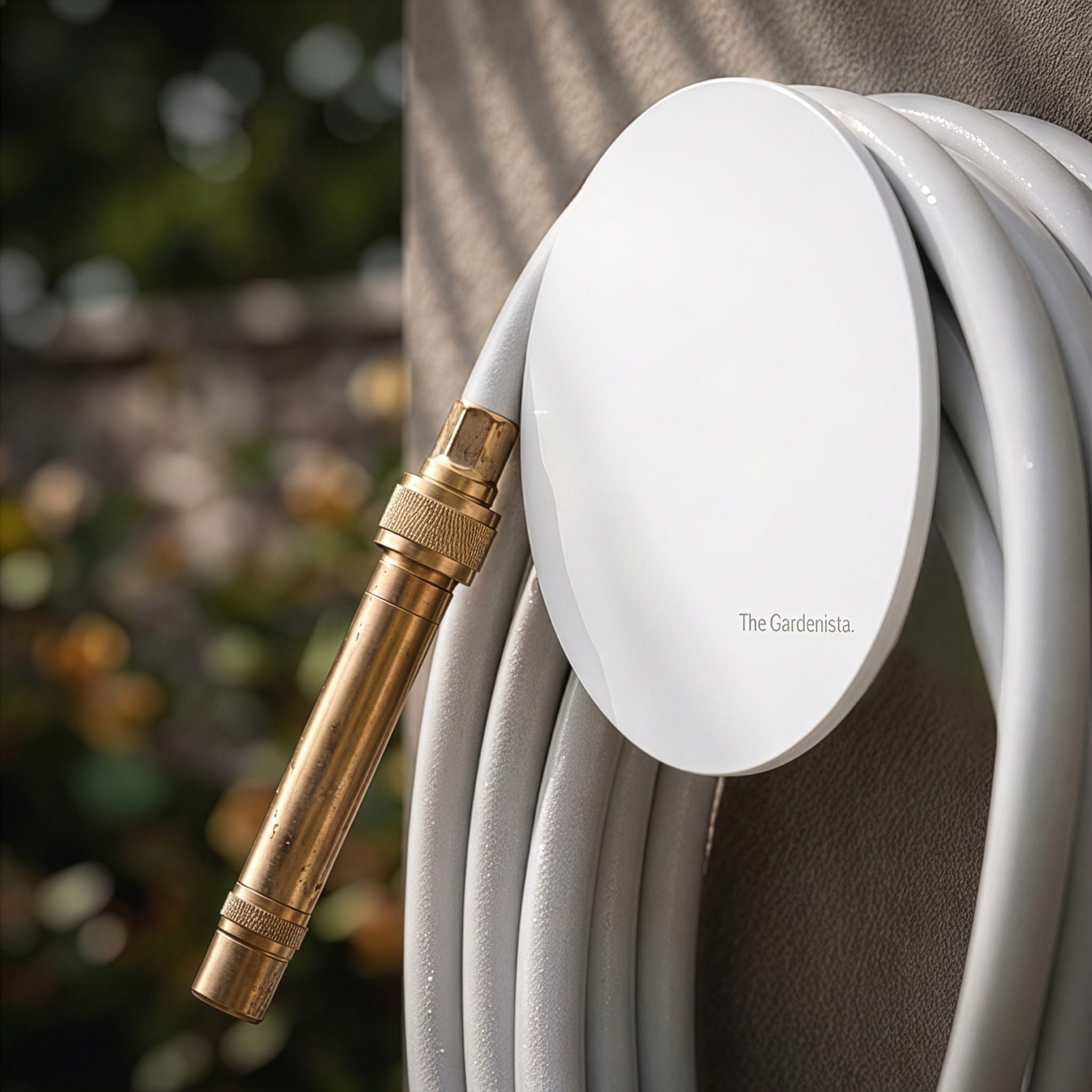 Angled close-up of The Gardenista large white hose holder with pale grey hose and brass torch nozzle.