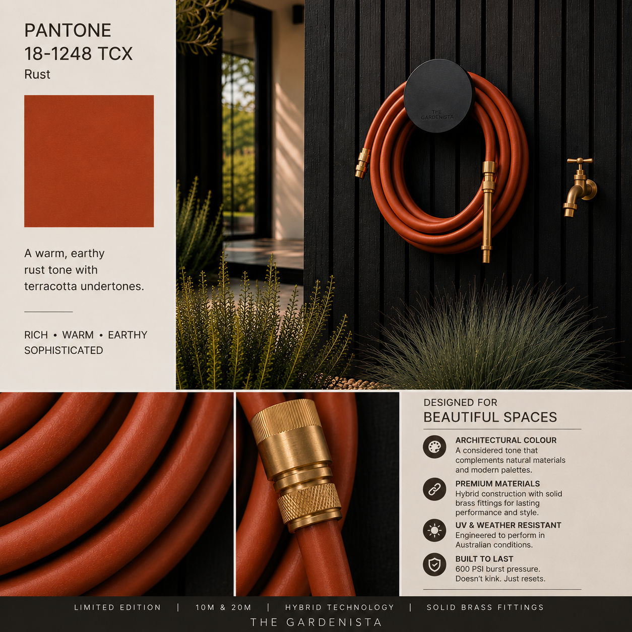 Rust Palette Board featuring Pantone 18-1248 TCX, Mediterranean-inspired styling and the Limited Edition Rust Hybrid Garden Hose