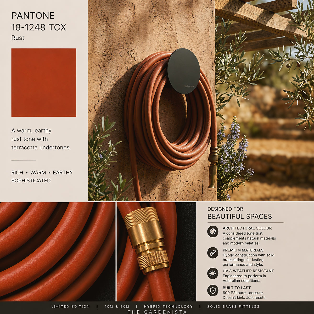 Pantone 18-1248 TCX Rust palette board featuring The Gardenista rust hybrid garden hose and solid brass fittings.