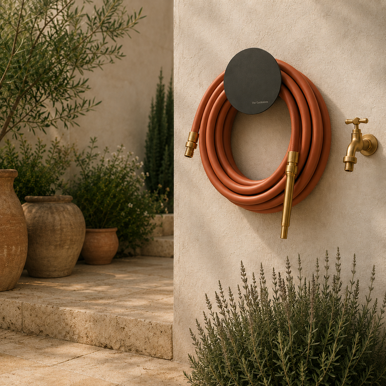 Rust Hybrid Garden Hose inspired by Mediterranean courtyards with terracotta pots, aged brass and architectural planting