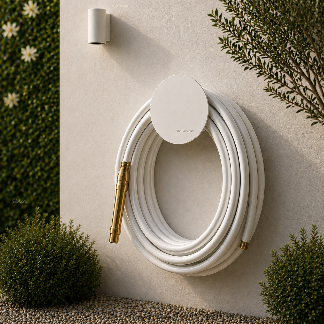 Modern wall mounted hose holder in white (large) installed on exterior wall with coiled garden hose in landscaped outdoor setting
