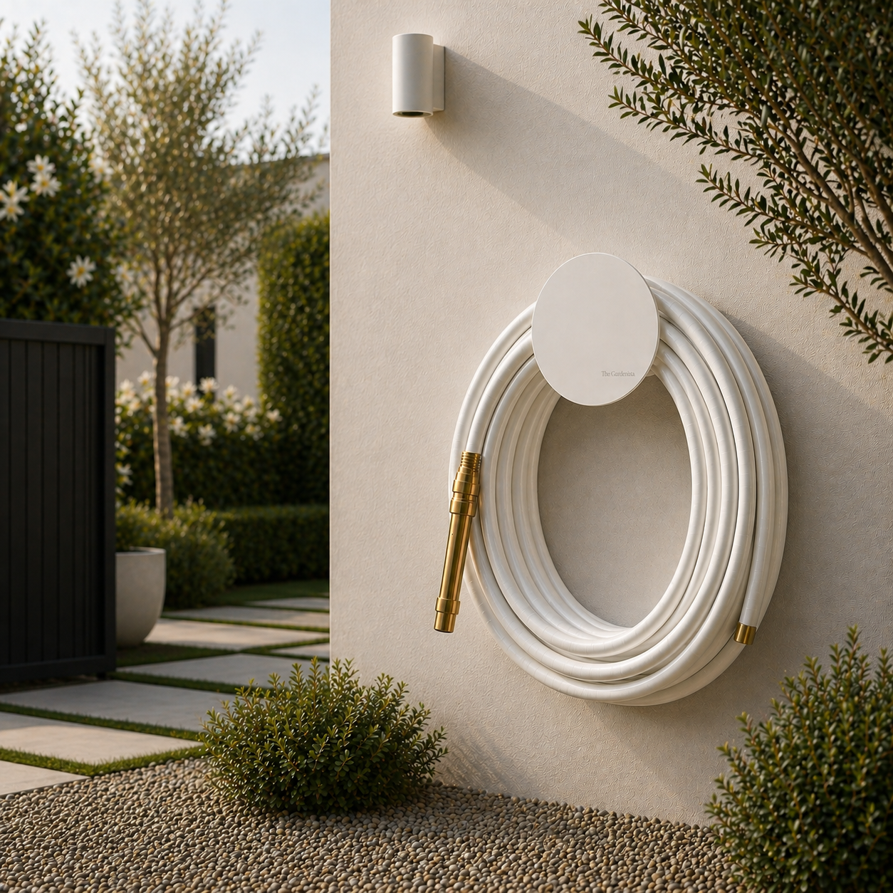 Modern wall mounted hose holder in white (large) installed on exterior wall with coiled garden hose in landscaped outdoor setting